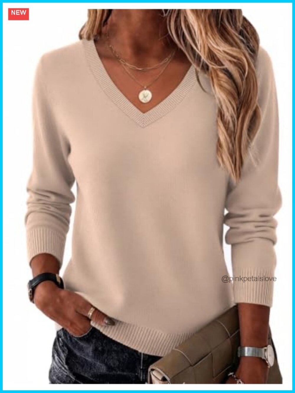 Women's Long Sleeve V Neck Ribbed Knit Sweater Pullover Dressy Casual